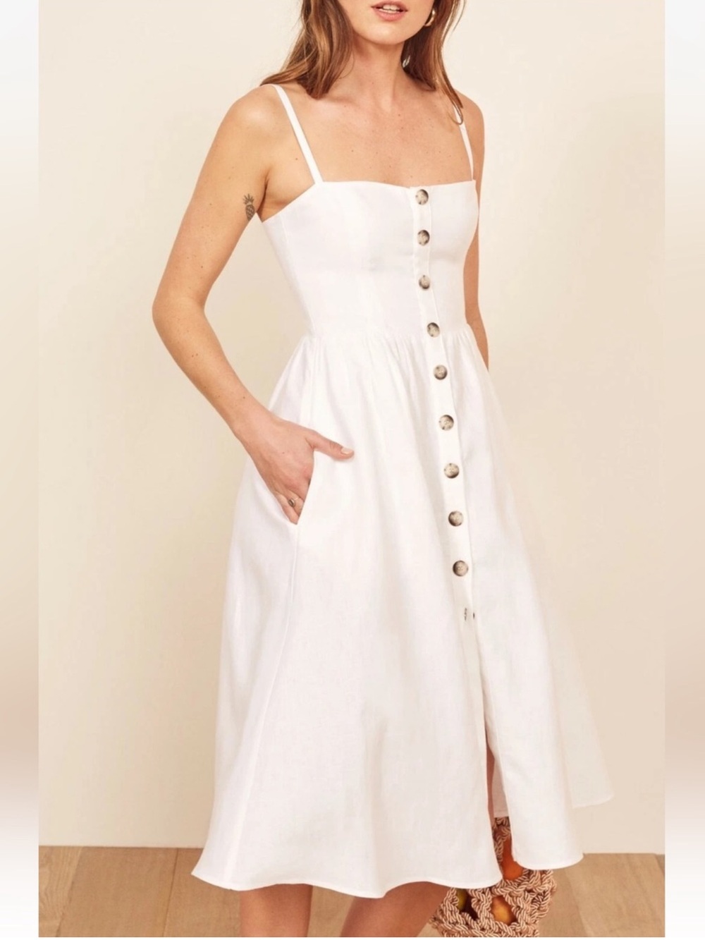 Reformation White Linen Thelma Button-Front Midi Dress